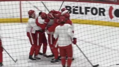 Detroit Red Wings teammates shoving and fighting with one another during practice.