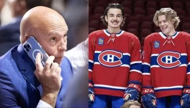 Kent Hughes au t&eacute;l&eacute;phone et Arber Xhekaj et Kaiden Guhle en uniforme avec le Canadien