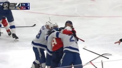 Tampa Bay Lightning players in a brawl with Florida Panthers players after a dirty hit thrown by Dmitry Kulikov.
