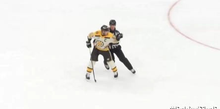 Boston Bruins captain Brad Marchand shouting at several Toronto Maple Leafs players during an altercation.