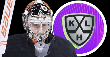 Former Philadelphia Flyers goalie Carter Hart with the KHL logo in the background