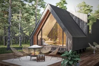 La mini-maison de 400 pieds carr&eacute;s de Zook Cabins, mod&egrave;le A-Frame Modern Park