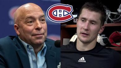 Kent Hughes et Martin Necas en point de presse