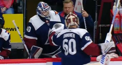 Colorado Avalanche goaltenders Alexandar Georgiev and Justus Annunen in a game against the Nashville Predators.