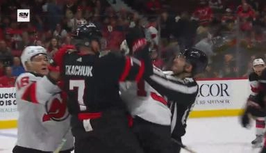Ottawa Senators Captain Brady Tkachuk going after Devils player for empty netter goal