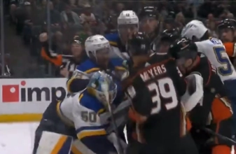 St. Louis Blues goaltender Jordan Binnington getting involved in a scrum in a game against the Anaheim Ducks.
