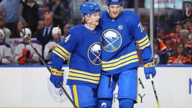 Bowen Bryam during a game for the Buffalo Sabres against the Nashville Predators.