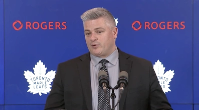Sheldon Keefe during a press conference after the Toronto Maple Leafs loss to the Detroit Red Wings.