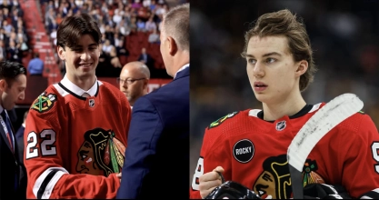 Ryan Greene and Chicago Blackhawks forward Connor Bedard