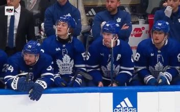 Toronto Maple Leafs' Auston Matthews, Tyler Bertuzzi, Mitch Marner and William Nylander at the bench in a playoff game against the Boston Bruins.