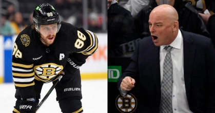 Boston Bruins coach Jim Montgomery and David Pastrnak