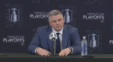 Toronto Maple Leafs head coach Sheldon Keefe addressing the media after his team lost in Game 7 to the Boston Bruins.