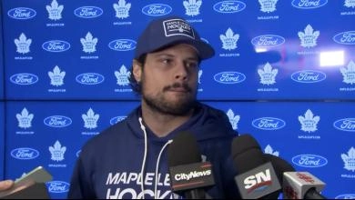 Toronto Maple Leafs forward Auston Matthews addressing the media during the team's locker clean out day.