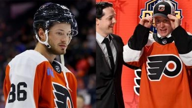 Joel Farabee, Matvei Michkov, Daniel Bri&egrave;re, Flyers de Philadelphie