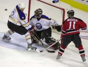 Buffalo Sabres goalie Mika Noronen in action against the New Jersey Devils.