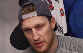 Colorado Avalanche center Nathan MacKinnon giving a post-game interview after game four against the Dallas Stars