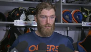 Mattias Ekholm of the Edmonton Oilers in a press conference.