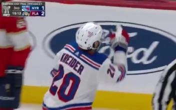 Chris Kreider throwing Matthew Tkachuk's mouthguard into the stands