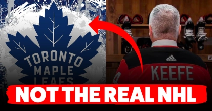New Jersey Devils head coach Sheldon Keefe and the Toronto Maple Leafs logo