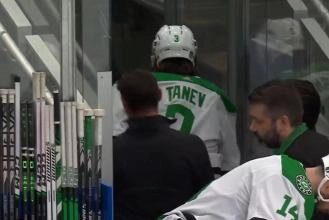 Dallas Stars defenseman Chris Tanev leaving game 4 against the Edmonton Oilers after being injured.