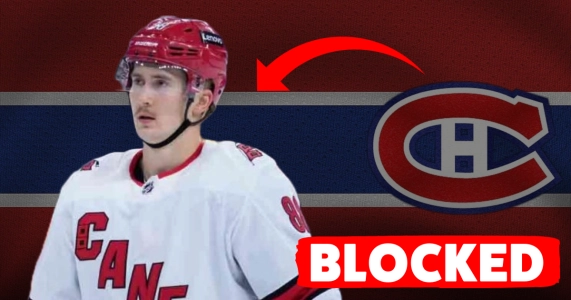 Montreal Canadiens logo with Carolina Hurricanes forward Martin Necas
