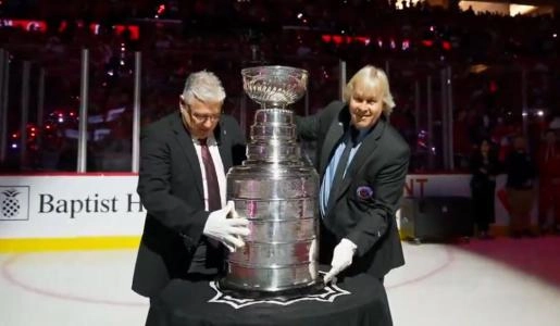 The Stanley Cup on the ice before game one of the 2024 Stanley Cup Finals.