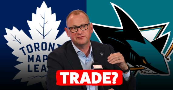 Toronto Maple Leafs general manager Brad Treliving and San Jose Sharks logo