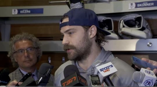 Edmonton Oilers goalie Stuart Skinner speaking to the media after his team's loss in Game 3 of the Stanley Cup Finals.