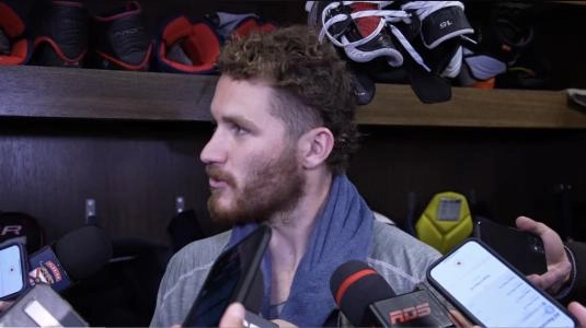 Florida Panthers forward Matthew Tkachuk answering questions from the media after Game 4 of the Stanley Cup Finals