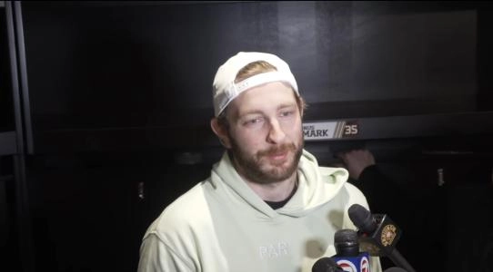 Boston Bruins goalie Linus Ullmark speaking to the media after being eliminated from the 2024 Stanley Cup Playoffs