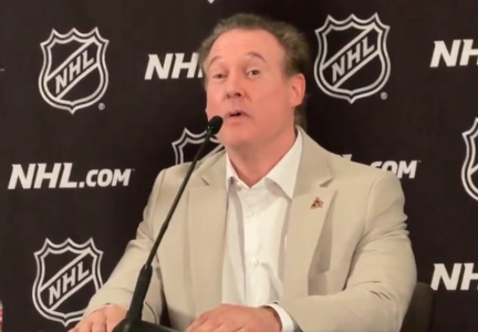 Arizona Coyotes owner Alex Meruelo addressing the media during the team relocation announcement