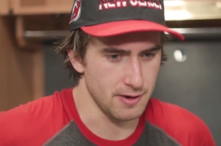 Former New Jersey Devils forward Michael McLeod speaking to the media after a game
