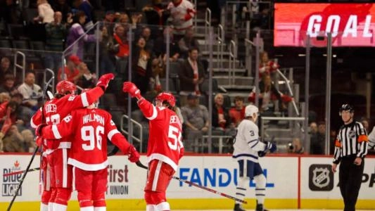 Detroit Red Wings defenseman Jake Walman celebrating a goal with his defensive partner Moritz Seider.