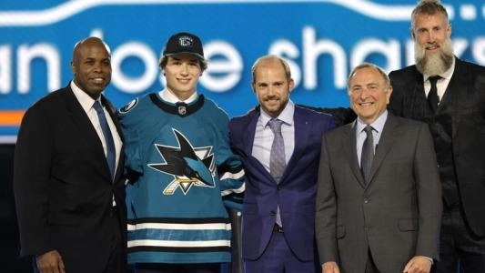 Macklin Celebrini in a Sharks jersey.