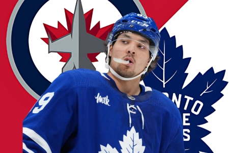 Toronto Maple Leafs logo (right) and Winnipeg Jets logo (left)
