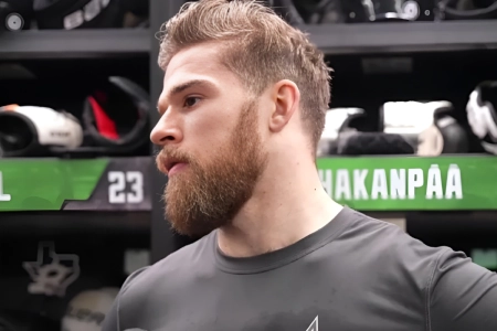 Former Dallas Stars defenseman Jani Hakanpaa speaking to the media