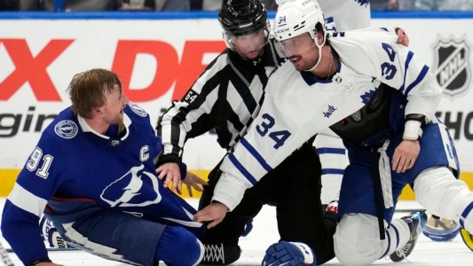 Former Tampa Bay Lightning Steven Stamkos fighting Austin Matthews of the Toronto Maple Leafs