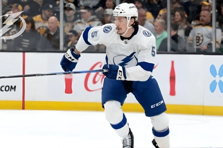 Philippe Myers, current member of the Toronto Maple Leafs, skates with his former team the Tampa Bay Lightning