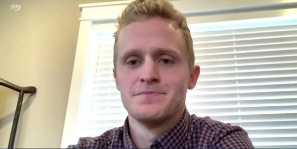 Jake Guentzel doing an interview with Sportsnet after being traded to the Carolina Hurricanes by the Pittsburgh Penguins.