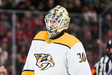 Nashville Predators goalie Yaroslav Askarov playing in the NHL against the Washington Capitals during the 2023-24 NHL season.