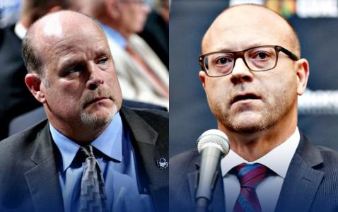 Mark Hunter (left) and Former Chicago Blackhawks General Manger Stan Bowman speaking to the media during his time with the team (right)