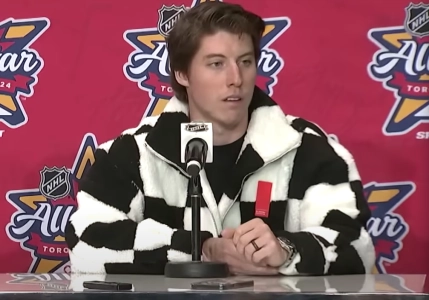 Toronto Maple Leafs forward Mitch Marner speaking to the media at the 2024 NHL All-Star game