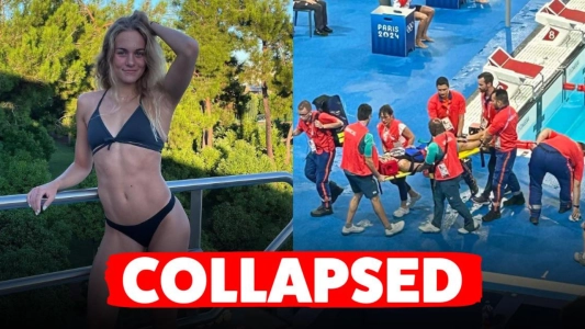 Slovakian swimmer Tamara Potocka (left). Medical assistance being given to Tamara Potocka (right)