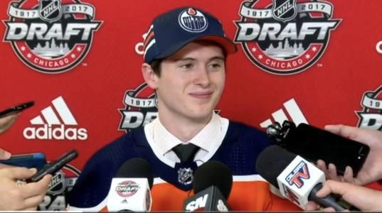Former Edmonton Oilers forward Kailer Yamamoto speaking to the media after the 2017 NHL Draft.