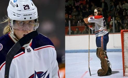 Patrik Laine with the Columbus Blue Jackets and Montreal Canadiens' goaltender Ken Dryden in action.