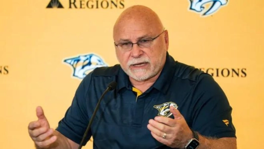 Nashville Predators GM Barry Trotz speaking at a press conference