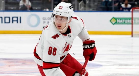 Carolina Hurricanes forward Martin Necas playing in a road game in the NHL against the New York Islanders