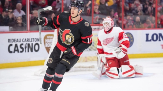 Ottawa Senators forward Tim Stutzle scores against the Detroit Red Wings