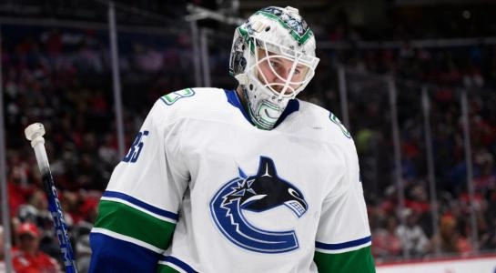 Vancouver Canucks goalie Thatcher Demko playing an away game in the NHL.