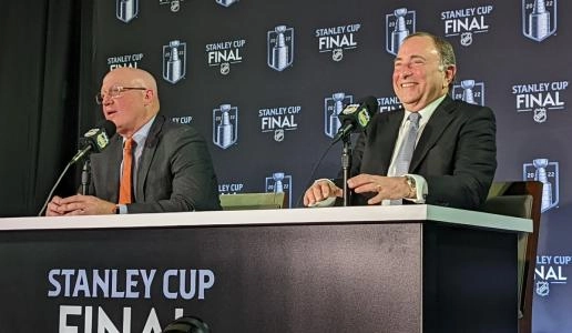 NHL Deputy Commissioner Bill Daly and Commissioner Gary Bettman in a press conference.